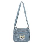 Corgi Embroidery Denim Crossbody Bag Casual Multi‑Pocket Purse