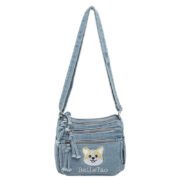 Corgi Embroidery Denim Crossbody Bag Casual Multi‑Pocket Purse