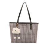 Woven Texture Tote Bag with Cloud Plush Charm Shoulder Handbag