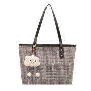 Woven Texture Tote Bag with Cloud Plush Charm Shoulder Handbag