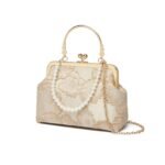 Floral Jacquard Kiss Lock Evening Handbag with Pearl Handle & Chain Strap