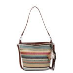 Striped Woven Bucket Crossbody Bag with Charm Pendant