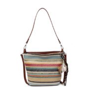 Striped Woven Bucket Crossbody Bag with Charm Pendant