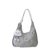 Butterfly Decor Hobo Shoulder Bag with Cloud Plush Charm