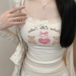 Cartoon Bear Print Lace Trim Cami Top Slim Fit Spaghetti Strap Tank