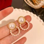 Vintage Pearl Drop Earrings Gold Tone Hollow Circle Stud Earrings