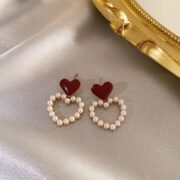 Red Heart Pearl Hollow Heart Stud Earrings