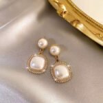 Vintage Square Pearl Drop Dangle Earrings with Rhinestone Border