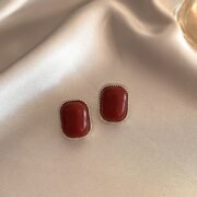 Vintage Red Square Stud Earrings Gold Twist Frame Earrings