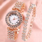 Rose Gold Crystal Women Wrist Watch with Matching Bracelet Set