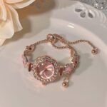 Rose Gold Tone Pink Rhinestone Bracelet Watch For Women