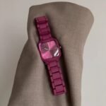 Burgundy Square Case Link Band Wrist Watch