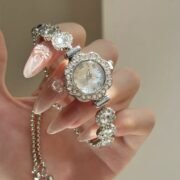 Rhinestone Flower Bracelet Style Wrist Watch for Women