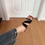Black Satin Crisscross Strap High Heel Slide Sandals