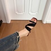 Black Satin Crisscross Strap High Heel Slide Sandals